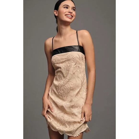 Anthropologie Maeve Square Neck Lace Mini Dress Leather Trim Womens Size 8 - Picture 1 of 10